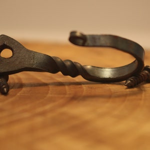 May include: A twisted metal hook with a rounded end and a hole in the center. The hook is attached to a wooden surface with two screws.