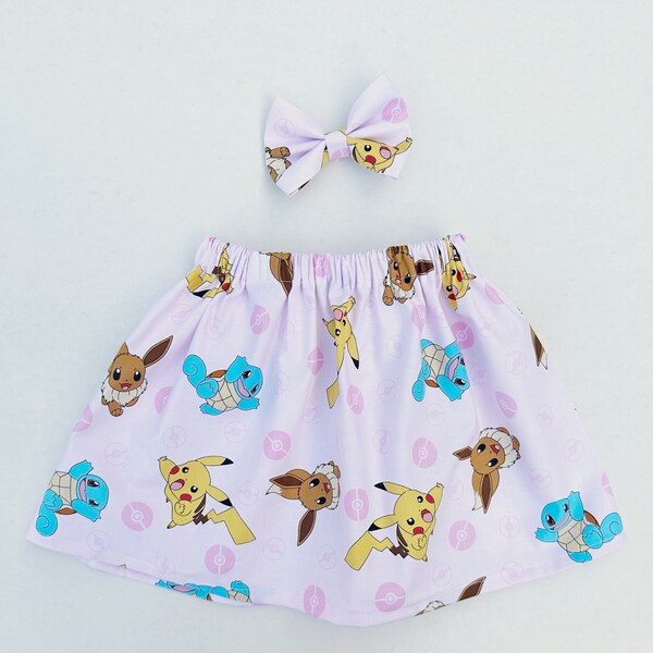 Pink Pokémon Skirt and Bow Set, girls Pokémon outfit, pokemon birthday party, pikachu dress, pikachu hair bow, pokemon birthday outfit