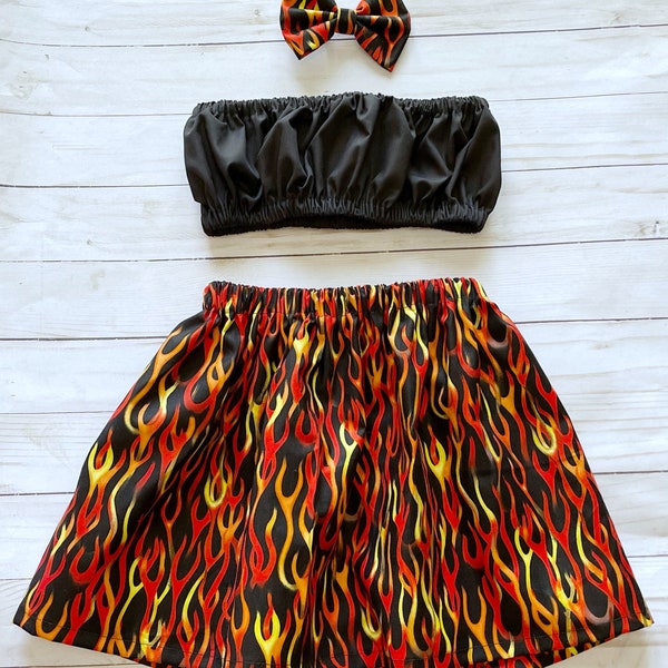 Flame Outfit, girls summer outfits, fire outfit, flame skirt, girls Harley Davidson outfit, girls firefighter outfit, 2t, 3T, 4t, 5, 6