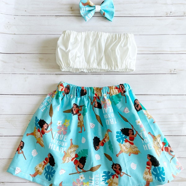 Moana Outfit, moana skirt, moana birthday outfit, Disney outfits for girls, moana birthday, moana party, white tube top, moana hair bow