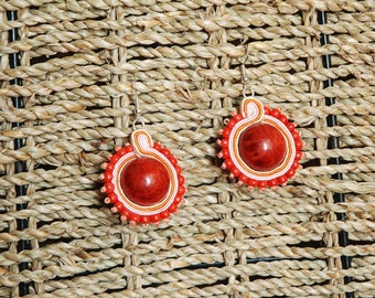 Soutache Earrings, Soutache Jewellery, Red Coral Earrings, Dangle Earrings, One of a kind