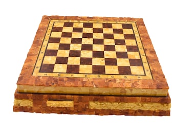 Baltic Amber Gemstone Chess Board Box, Included with two sliding drawers on two opposite sides, Tabletop Game Chess, Wooden Chess Set