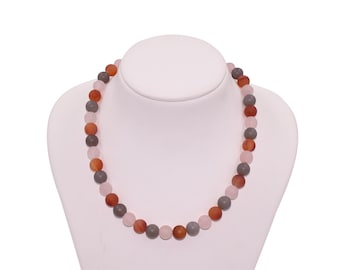 Matted Round Gemstone Necklace with Rose Quartz, Carnelian and Gray Agate in AAA quality