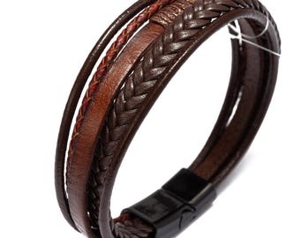 Leather bracelet - multi-row - brown