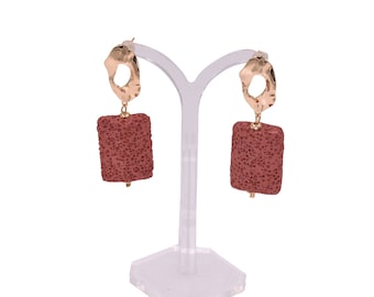 Boucles d’oreilles en pierres précieuses en lave rouge, boucles d’oreilles suspendues Baumel plaquées or 18K