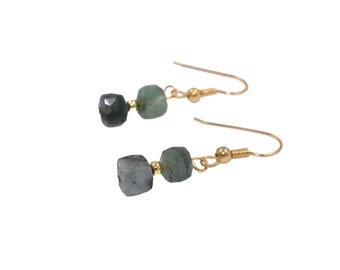 Emerald green earrings, earrings faceted emerald green cubes, ear hooks gold plated