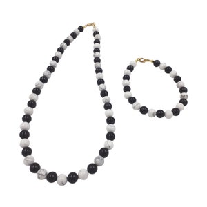 Black Onyx and Howlite Jewelry Set with Necklace and Bracelet, Stacking Bracelet, Layering Necklace, Gemstone Jewelry, Round Bead Jewelry