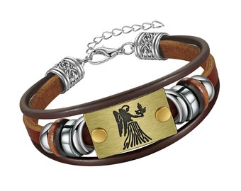 Zodiac sign leather bracelet - Virgo, Pisces, Leo, Cancer, Sagittarius, Scorpio, Taurus, Capricorn, Libra