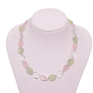 Faceted Gemstone Necklace with Rose Quartz, Prehnite and Rock Crystal