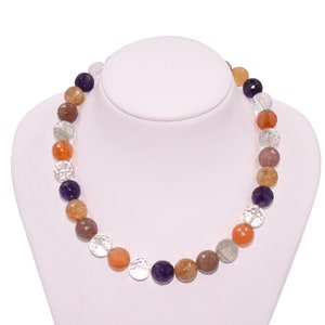 Round Shape Faceted Gemstone Necklace in Amethyst, Rock Crystal, Carnelian and Rutiliated Quartz in AAA Quality