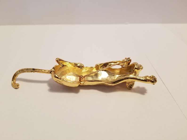 Hinged Tail Large Gold Panther Brooch With Green Eyes Shoulder Sitter Pin **New Lower Price**