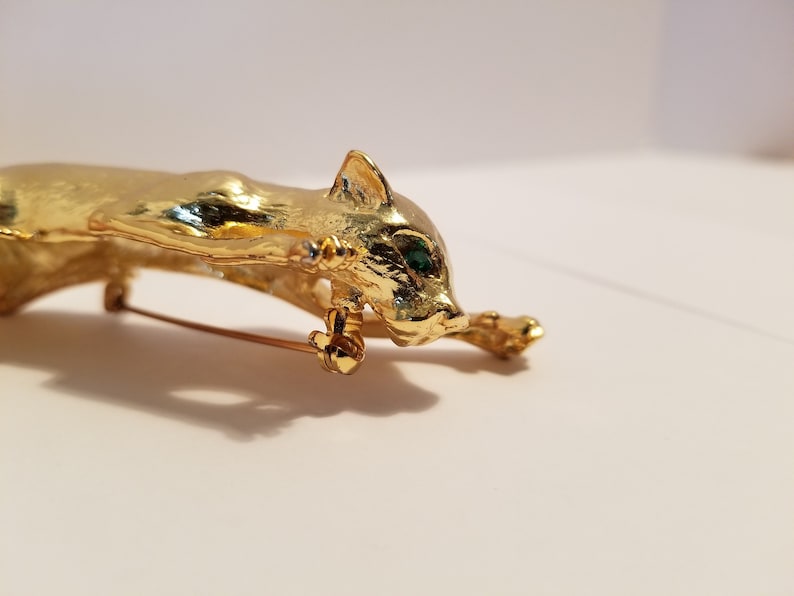 Hinged Tail Large Gold Panther Brooch With Green Eyes Shoulder Sitter Pin **New Lower Price**
