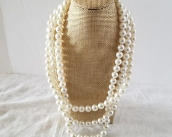 Triple Strand Faux Pearl Necklace with Silver Tone Tongue Clasp