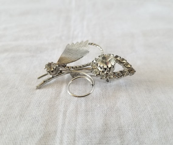 VIntage Silvertone and Rhinestone Brooch, Flower … - image 2