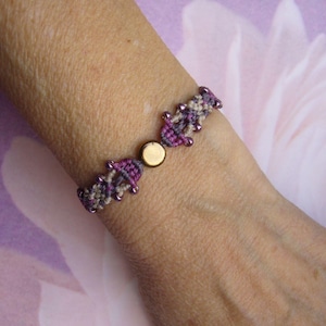 Macrame bracelet, micromacrame bracelet, micromacrame jewelry, natural, sand, purple, pink, old gold, glass beads, seed beads