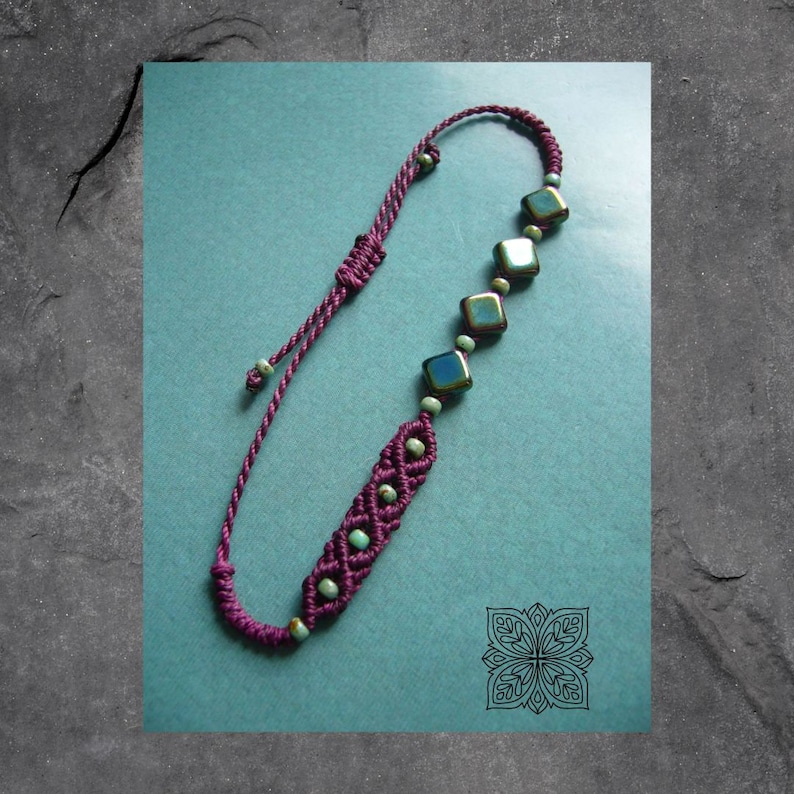 Macrame bracelet, macrame jewelry, micromacrame bracelet, boho, bordeaux, seed beads, Czech glass rhombuses, iridescent image 1