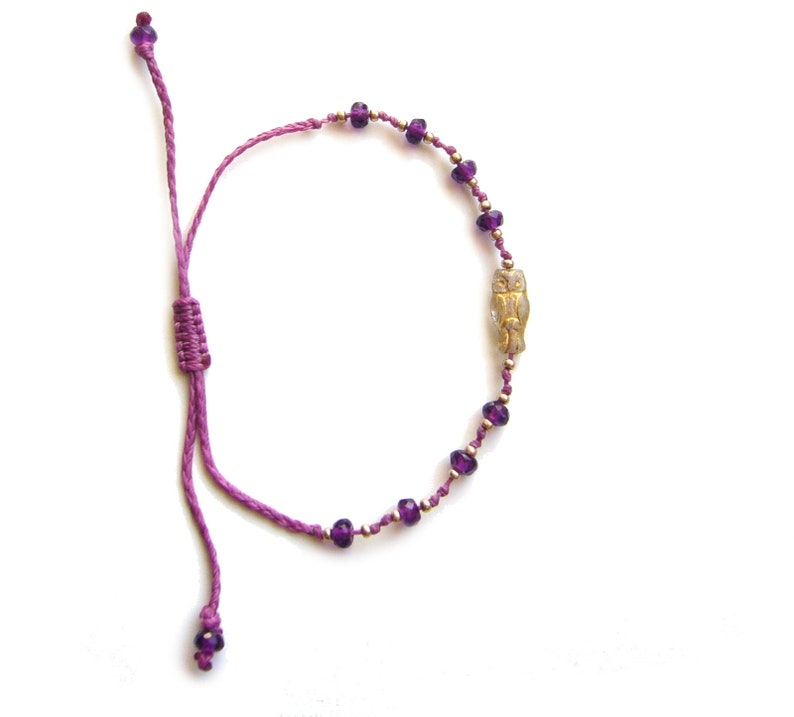 Armbändchen Perlenarmband Glasperlen geknotet Armschmuck lila pink gold Eule Eulenperle tschechische Perle Rocailles Bild 7