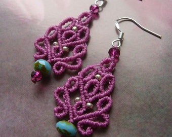 Macrame earrings, filigree, earrings, micromacrame earrings, gift for woman, pink, pink, glass beads