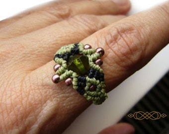 macramé ring, micromacrame ring, gift for woman, khaki, black,