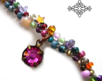 crochet bracelet boho jewelry glass stone pendant pink colorful summer