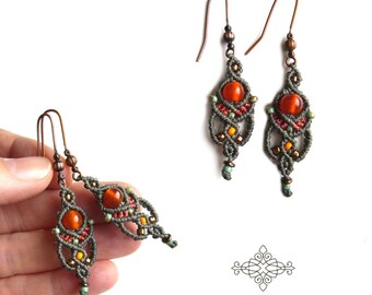 Macrame earrings, dangle earrings, micromacrame earrings, olive, orange, boho earrings