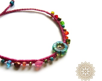 Macrame bracelet, macrame jewelry, micromacrame bracelet, boho, raspberry, colorful, mandala, mandala pendant, boho bracelet