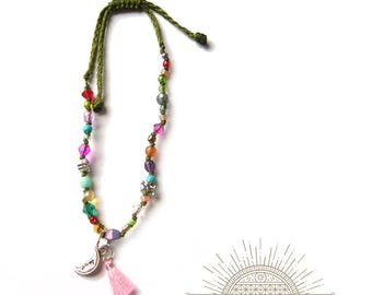 Pulsera bohemia, cuentas de semillas, cuentas de vidrio de colores, anudada, joyería para el brazo, colgante de luna, cuentas de semillas, cuentas de vidrio, delicada, pequeña borla
