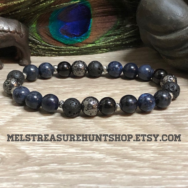 Blue Dumortierite lava bead black onyx bead braceley , Mala yoga, reiki, meditation, chakra, kundalini, third eye, Om,gemstones,stackable,