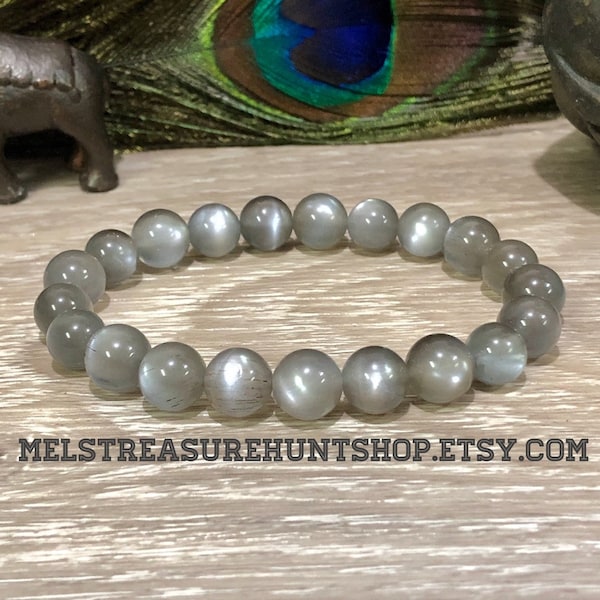 RARE Black/Grey 9.5mm Moonstone, beaded bracelet, moonstone, sunstone, bracelet, moonstone bracelet, yoga, reiki, chakra, crystal healing