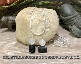 Selentite & Black Tourmaline, pendant, selenite necklace, black tourmaline necklace,  selenite, black tourmaline, mala, yoga, reiki,chak