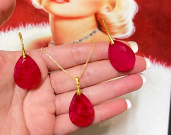 Natural Ruby Ring Earrings Pendant Set-925 Silver Set-Wedding Jewellery Set-Handmade Silver Ring-Pendant-Red Gemstone-July Birthstone