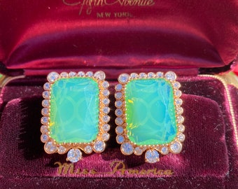 Beyond Luxury Natural Ethiopian Green Fire Opal Doublet Large Octagon Stud Earrings with Natural Austrian Crystals, 18K Yellow Gold Vermeil