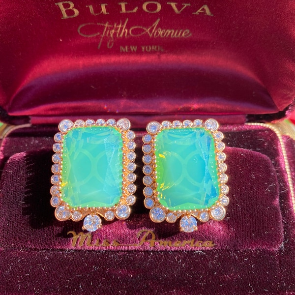 Beyond Luxury Natural Ethiopian Green Fire Opal Doublet Large Octagon Stud Earrings with Natural Austrian Crystals, 18K Yellow Gold Vermeil