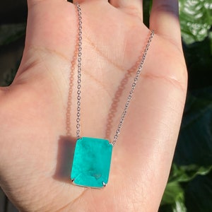 Handmade 100% Glowing Exotic Blue Natural Paraiba Tourmaline Rectangle Drop Necklace Pendant, Minimalist Paraiba Every Day Necklace, Gift image 6