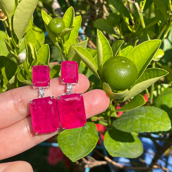 Mesmerizing Glowing Natural Mozambique Fuchsia Pink Ruby Dangle and Drop Earrings, Ruby July Birthstone, Beautiful Gift