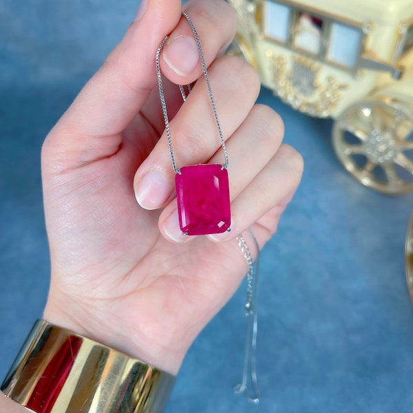 Glowing Natural Mozambique Fuchsia Pink Ruby Necklace, Ruby Pendant, Inspired by Celebrities Star of Hollywood Jewels, Gifts for Her