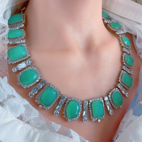 Beyond Luxury, Pale Green Natural Ethiopian Fire Opal and Diamond Choker Necklace, shops Palladium 925 Sterling Silver, Miraculous Charm Necklace