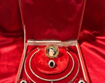 Princess Diana Sapphire and Diamond Jewelry Set Royal Memorabilia Luxury comes with Original Coin and accessories