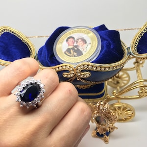 Royal Sapphire Ring, Inspired by Princess Diana, comes with golden coin of Prince Charles and Princess Diana, Sapphire and Diamond Ring image 7