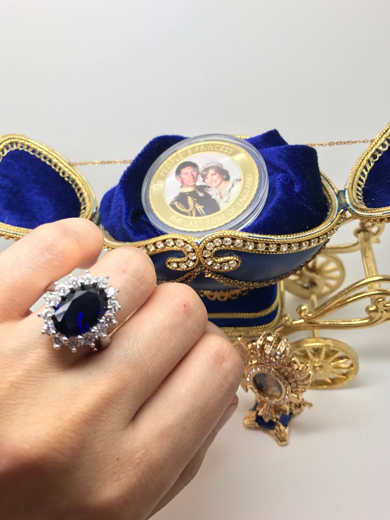 Royal Sapphire Ring, Inspired by Princess Diana, comes with golden coin of Prince Charles and Princess Diana, Sapphire and Diamond Ring image 7