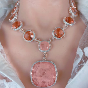 Spectacular Natural Peach and Champagne Morganite Diamond Choker Necklace, Big and Bold Morganite Charm Necklace, Perfect Gift 925 Silver