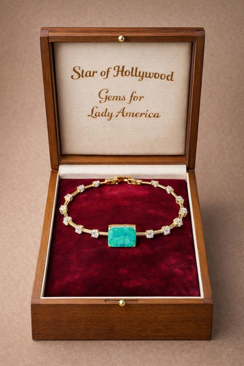 May include: A gold-toned bracelet with a rectangular, turquoise-colored center stone and surrounding clear stones, displayed in a wooden box with the text "Star of Hollywood Gems for Lady America" on the inside lid, set against a red velvet lining.