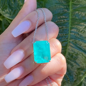 Natural Glowing Neon Colombian Emerald Rectangle Drop Necklace Pendant Chain 925 Sterling Silver Art Deco Filigree Handmade Large Beautiful