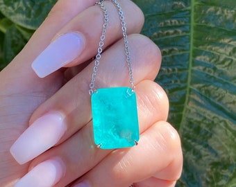 Natural Glowing Neon Colombian Emerald Rectangle Drop Necklace Pendant Chain 925 Sterling Silver Art Deco Filigree Handmade Large Beautiful
