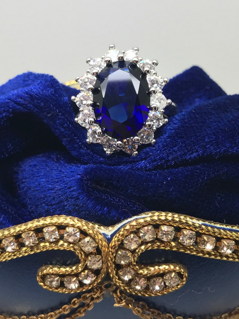 Royal Sapphire Ring, Inspired by Princess Diana, comes with golden coin of Prince Charles and Princess Diana, Sapphire and Diamond Ring image 9