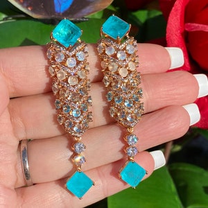 Head turning Glowing Natural Paraiba Tourmaline, Opal Moonstone, Chandelier Dangle and Drop Earrings, 18K Yellow Gold Vermeil, Handcrafted image 2