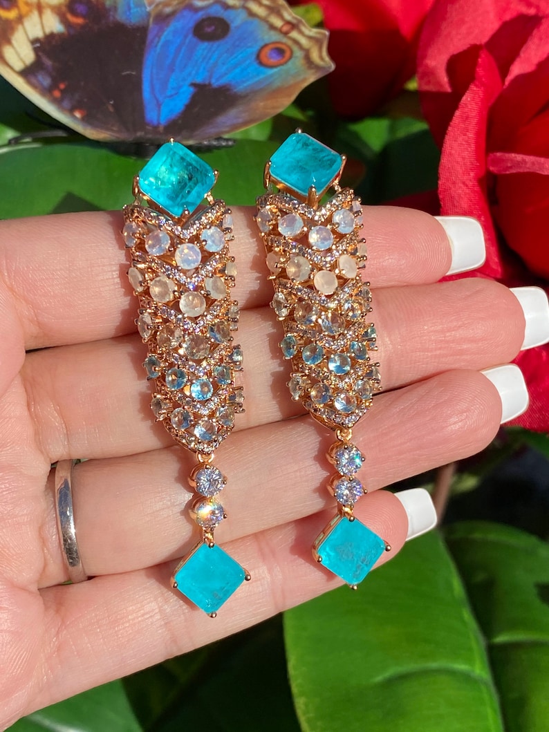Head turning Glowing Natural Paraiba Tourmaline, Opal Moonstone, Chandelier Dangle and Drop Earrings, 18K Yellow Gold Vermeil, Handcrafted image 2