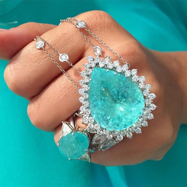 Magnifique à couper le souffle Amazonka Mines Natural Paraiba Tourmaline Pear Collier Design de luxe avec double chaîne