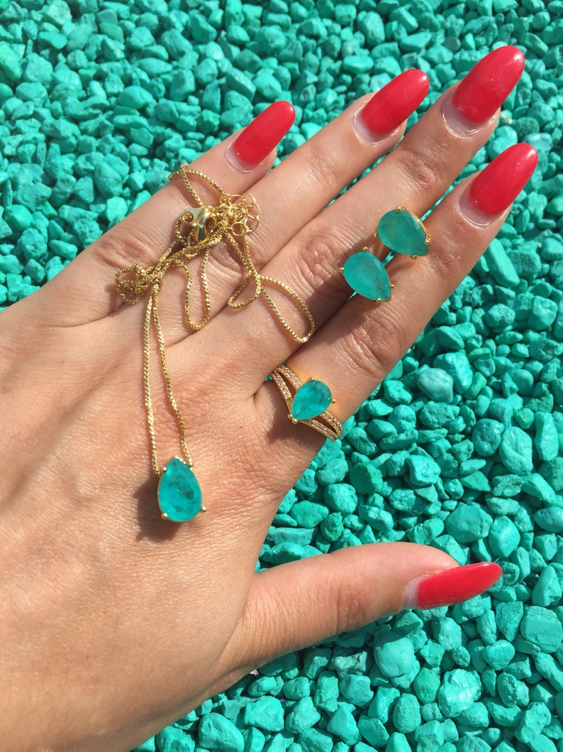 Natural Copper Bearing Paraiba Tourmaline Jewelry Set Ring Earrings and Necklace Neon Blue Brazil 925 Sterling Silver Set