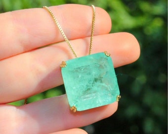 Princess Cut Natural Neon Green Colombian Emerald Solitaire Necklace 18K Yellow Gold Vermeil Bethany Ciotola Inspired Pendant, Gift for Her